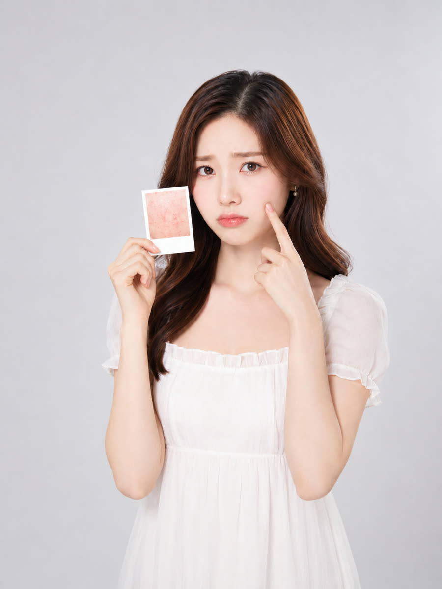 여드름으로 피부 상태를 살피는 여성