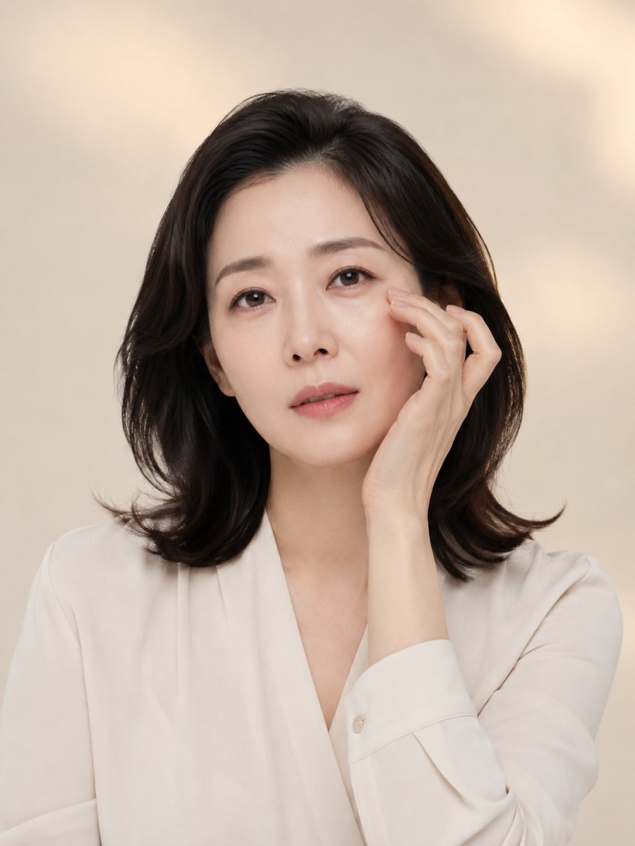 눈꺼풀 처짐을 살피는 중년 여성