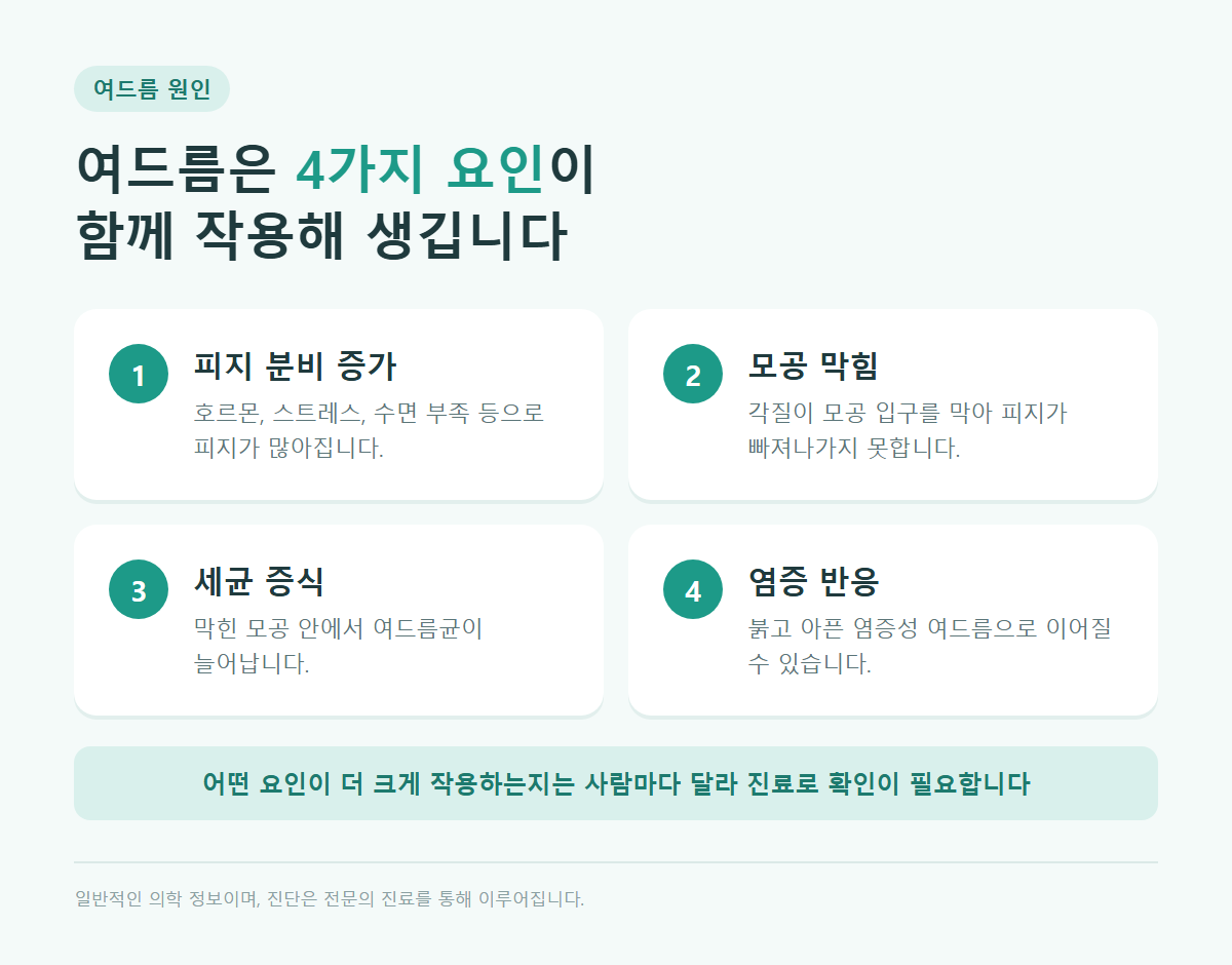 여드름 원인 4가지 피지 분비 증가, 모공 막힘, 세균 증식, 염증 반응